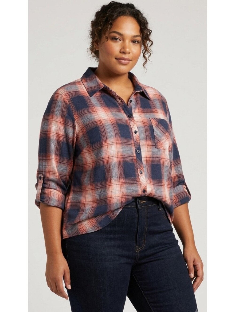 Woman's Plus Size Lightweight Plaid Rolled Tab Button Up Shirt